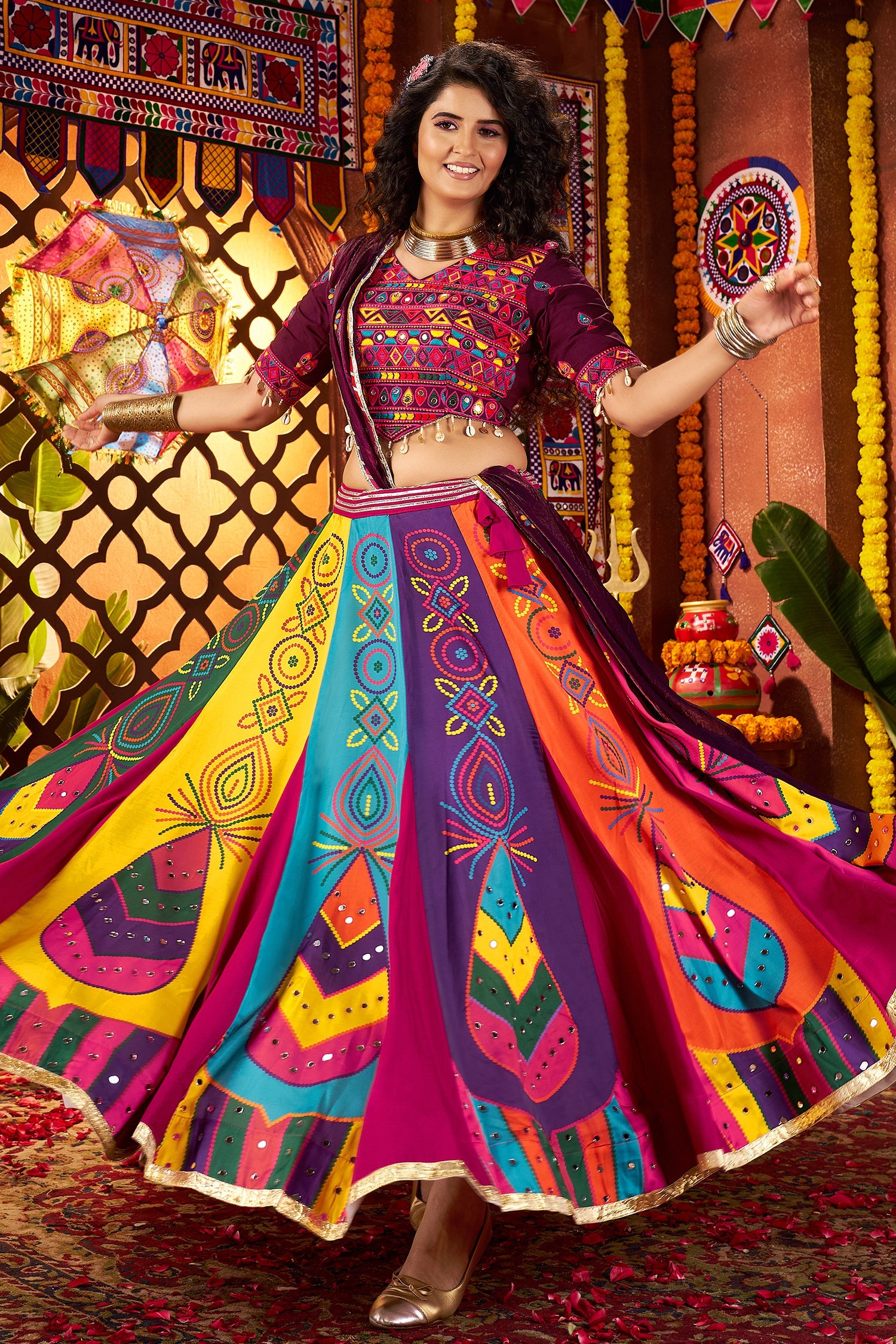 Multi Colored Printed and Mirror Worked Chaniya Choli
