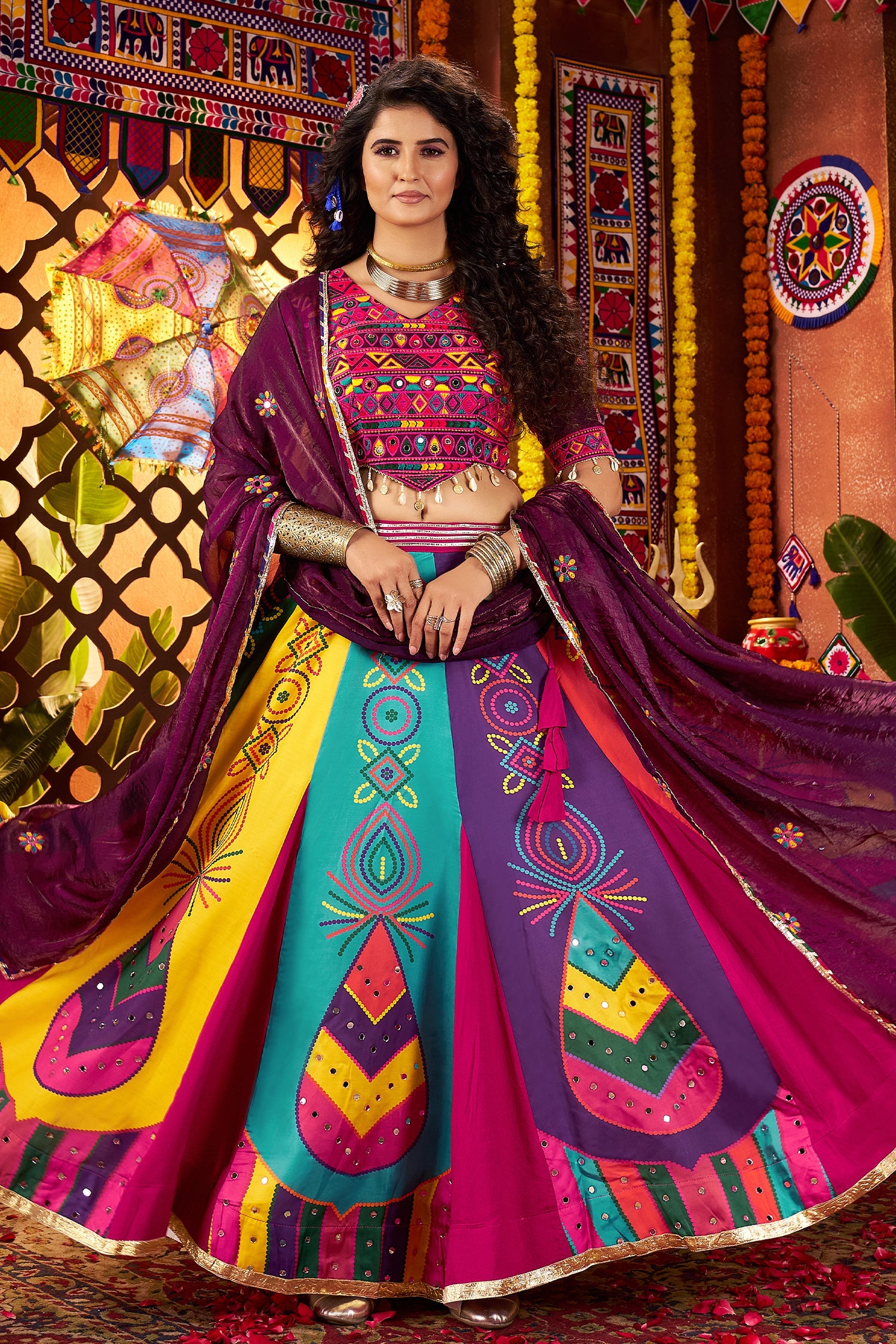 Multi Colored Printed and Mirror Worked Chaniya Choli