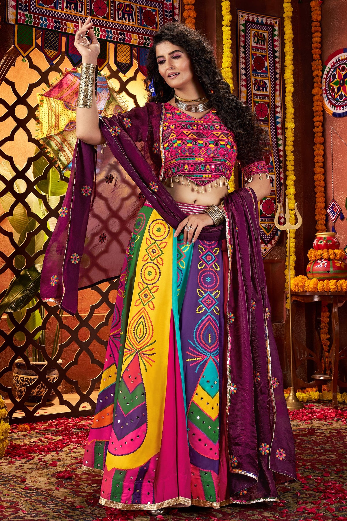 Multi Colored Printed and Mirror Worked Chaniya Choli
