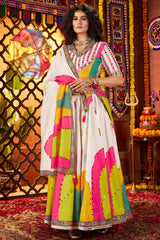 Pearl White Gaji Silk Printed and Mirror Worked Chaniya Choli