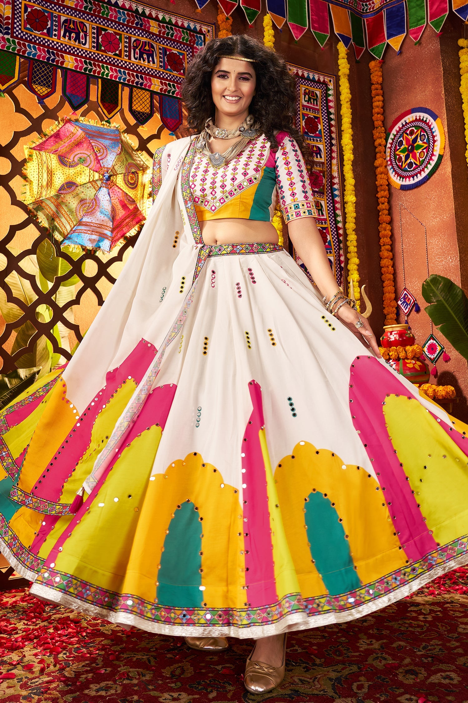 Pearl White Gaji Silk Printed and Mirror Worked Chaniya Choli