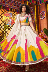 Pearl White Gaji Silk Printed and Mirror Worked Chaniya Choli