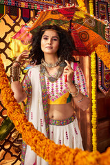 Pearl White Gaji Silk Printed and Mirror Worked Chaniya Choli