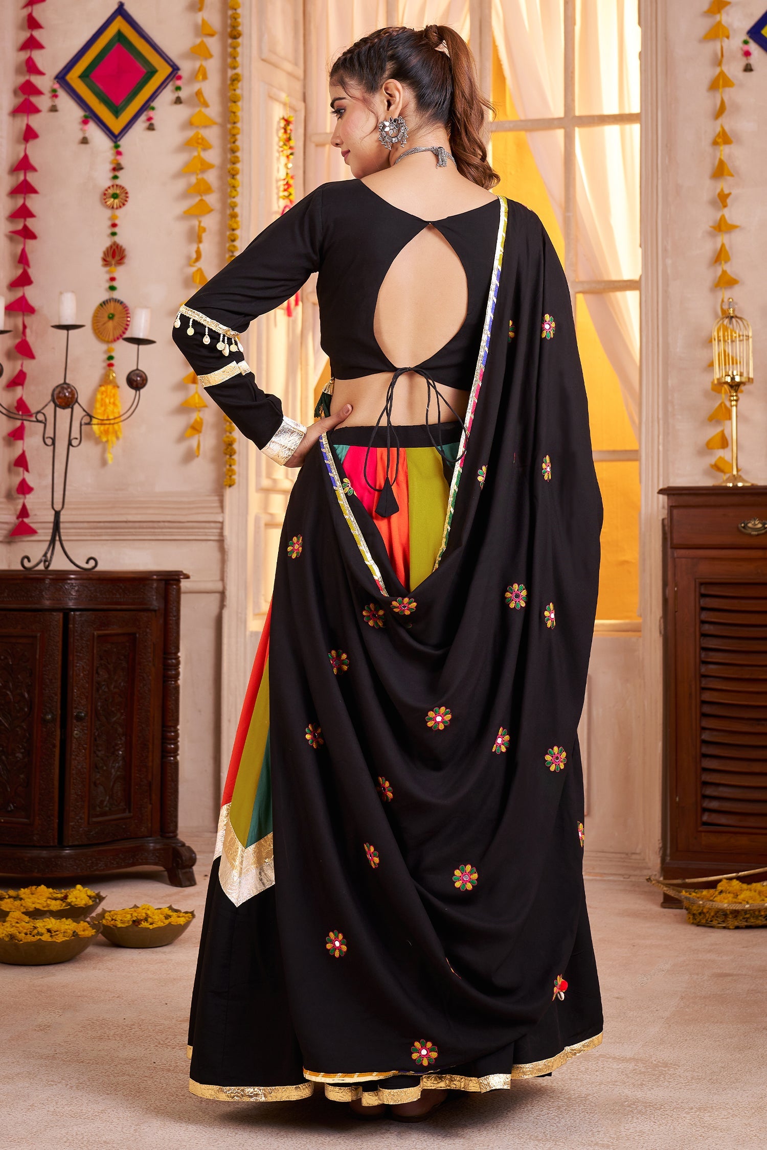 Multi Colored Viscose Cotton Printed Chaniya Choli with Mirror Work