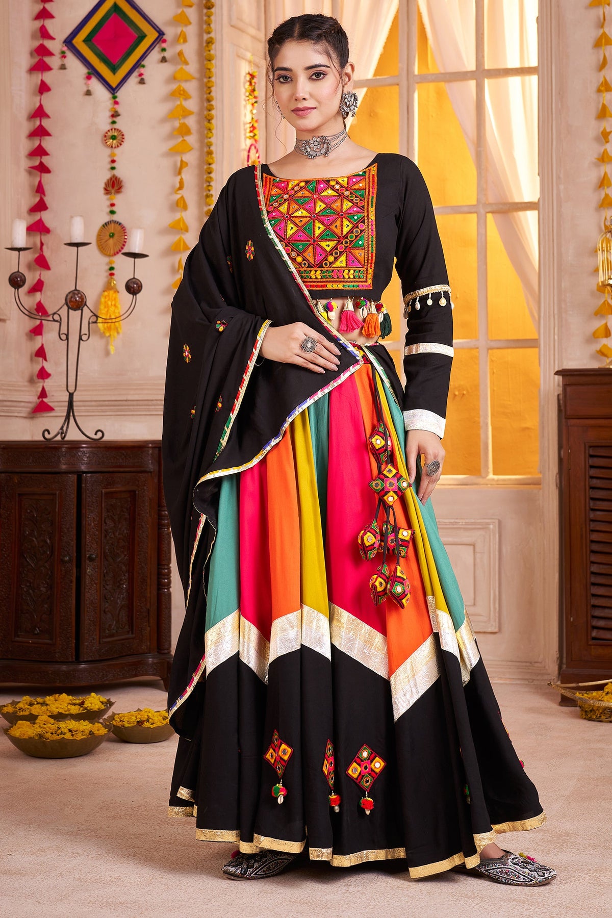 Multi Colored Viscose Cotton Printed Chaniya Choli with Mirror Work