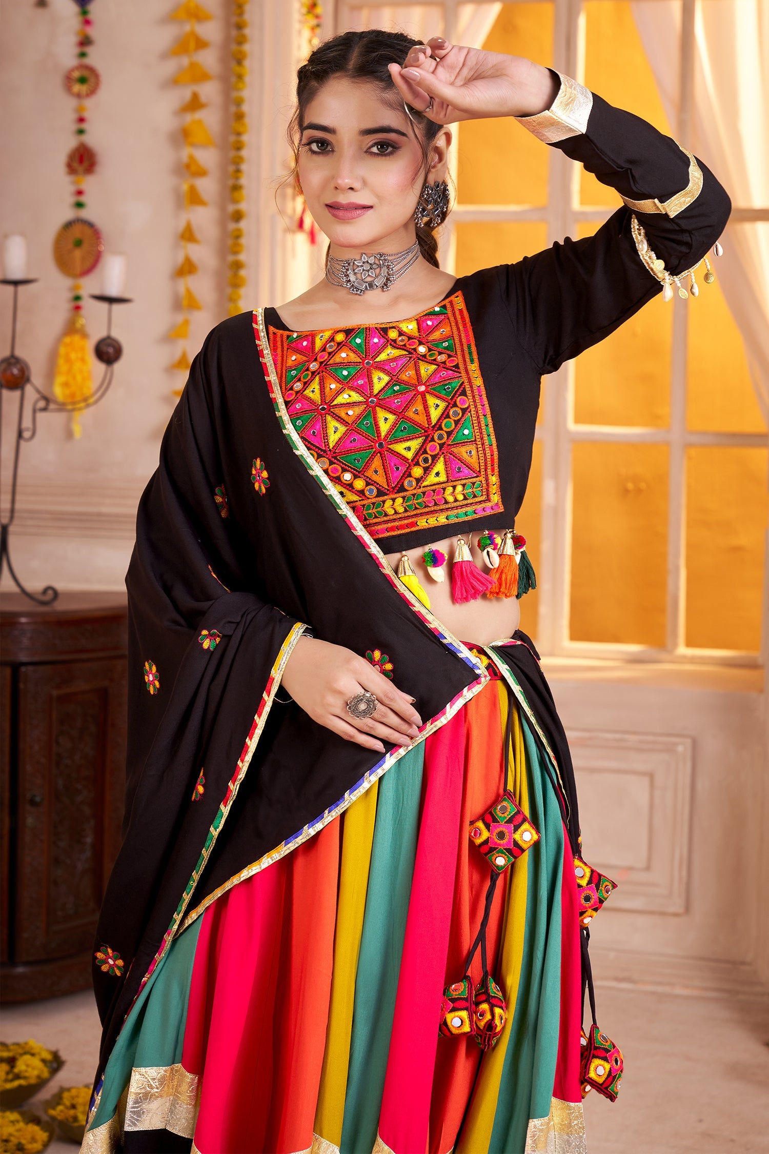Multi Colored Viscose Cotton Printed Chaniya Choli with Mirror Work