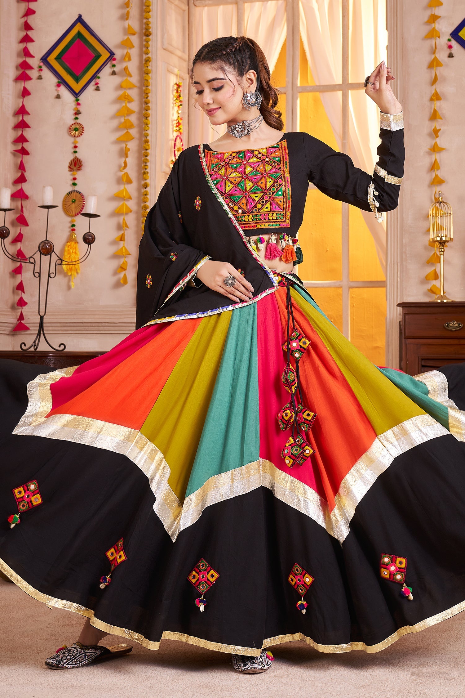 Multi Colored Viscose Cotton Printed Chaniya Choli with Mirror Work