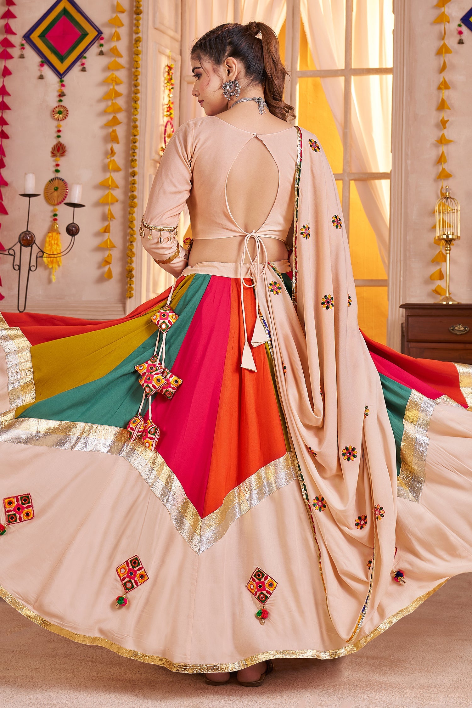 Beige and Multi Colored Viscose Cotton Printed Chaniya Choli with Mirror Work