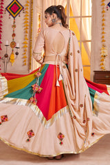 Beige and Multi Colored Viscose Cotton Printed Chaniya Choli with Mirror Work