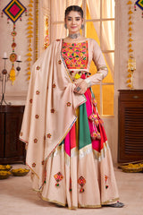 Beige and Multi Colored Viscose Cotton Printed Chaniya Choli with Mirror Work