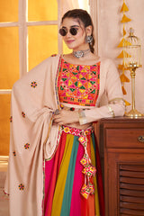 Beige and Multi Colored Viscose Cotton Printed Chaniya Choli with Mirror Work