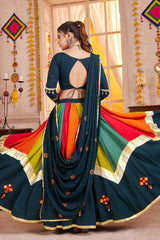 Prussian Blue and Multi Colored Viscose Cotton Mirror Worked Chaniya Choli