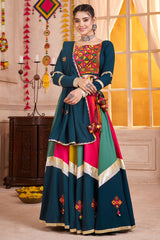 Prussian Blue and Multi Colored Viscose Cotton Mirror Worked Chaniya Choli