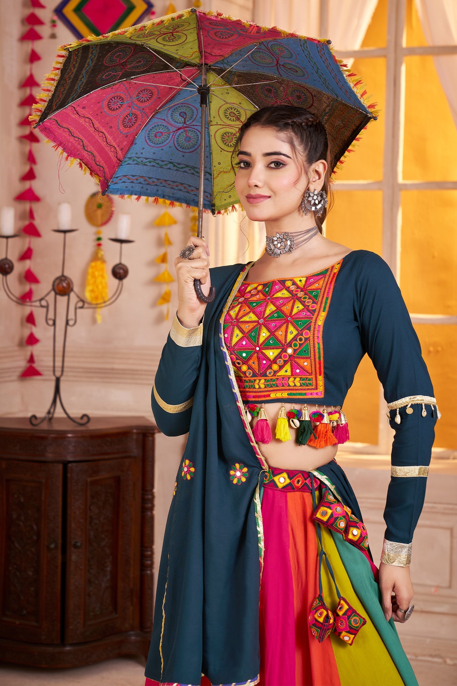 Prussian Blue and Multi Colored Viscose Cotton Mirror Worked Chaniya Choli