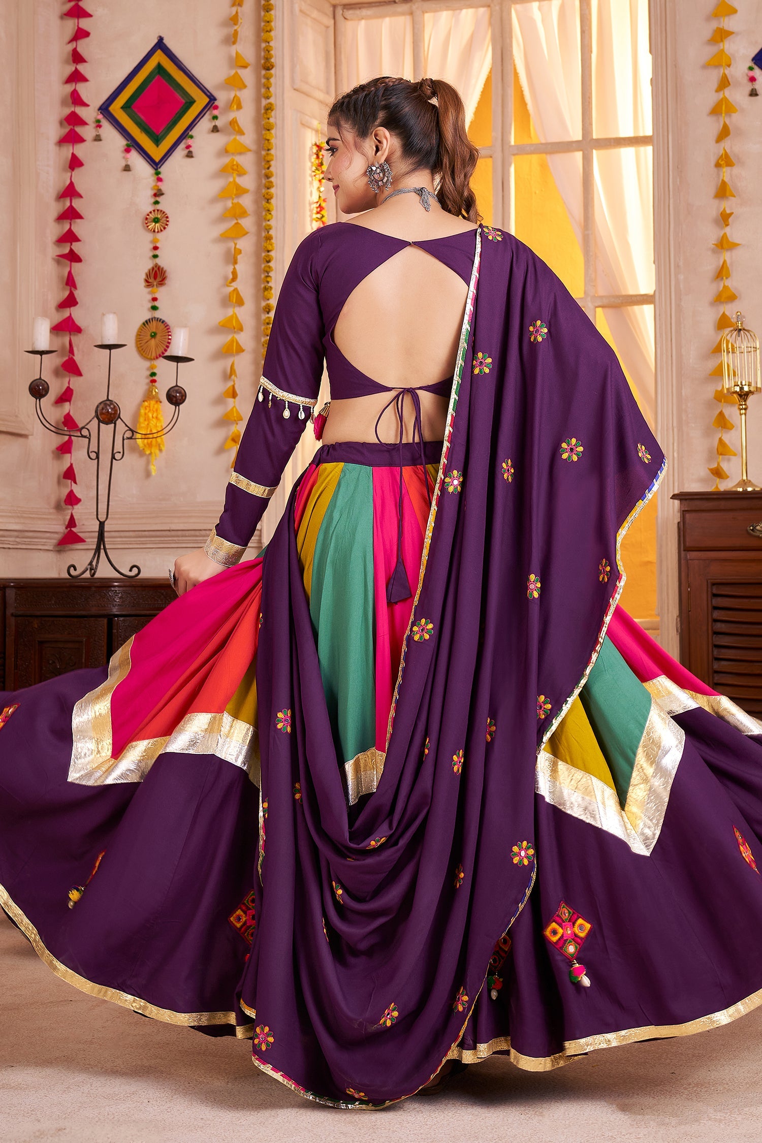 Purple and Multi Colored Viscose Cotton Mirror Worked Chaniya Choli