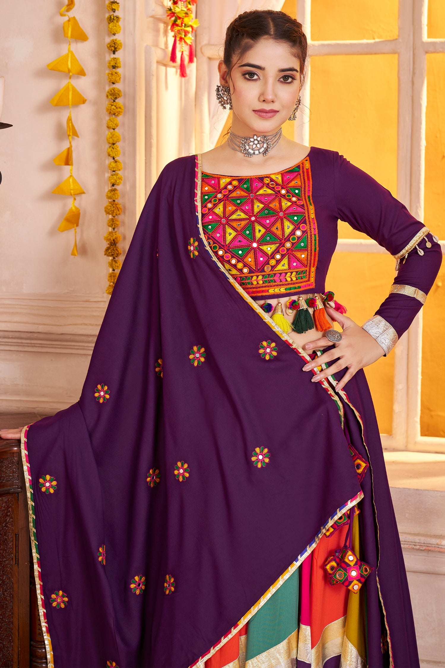 Purple and Multi Colored Viscose Cotton Mirror Worked Chaniya Choli