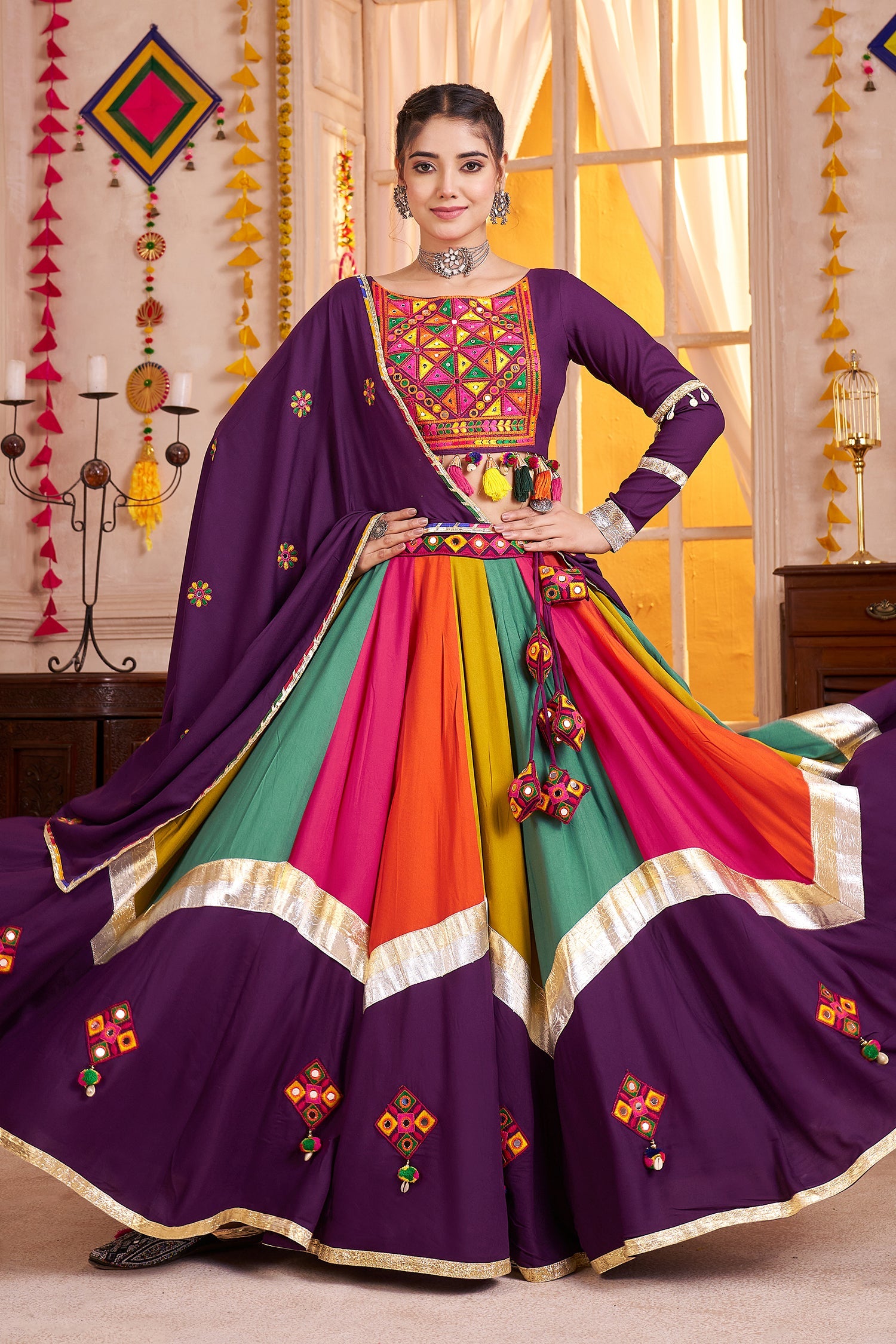 Purple and Multi Colored Viscose Cotton Mirror Worked Chaniya Choli