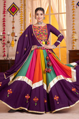 Purple and Multi Colored Viscose Cotton Mirror Worked Chaniya Choli
