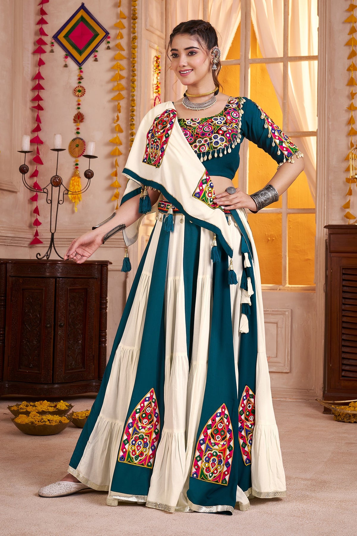 Multi Colored Viscose Cotton Kachchi Mirror Worked Chaniya Choli
