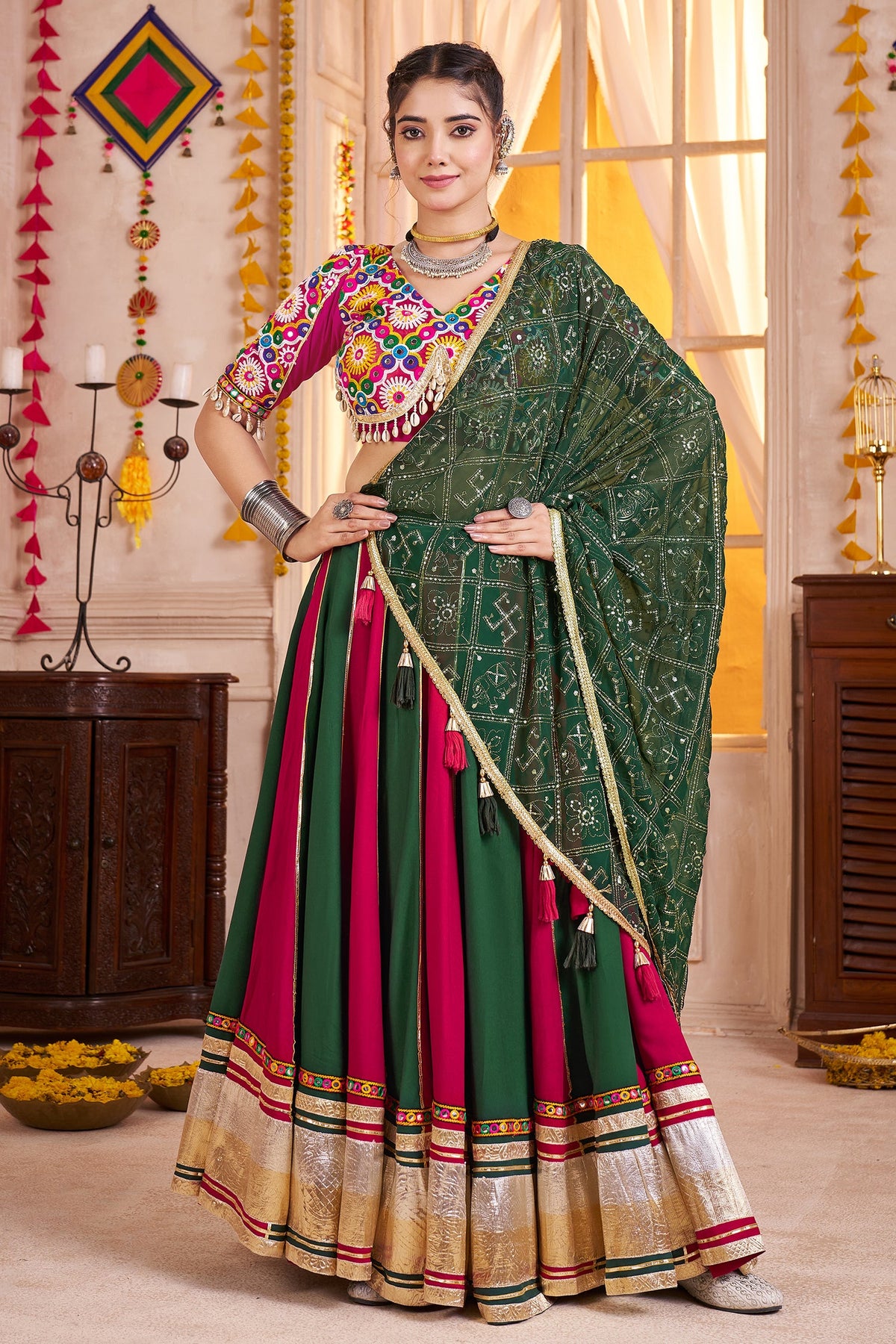 Multi Colored Viscose Cotton Kachchi Mirror Worked Chaniya Choli