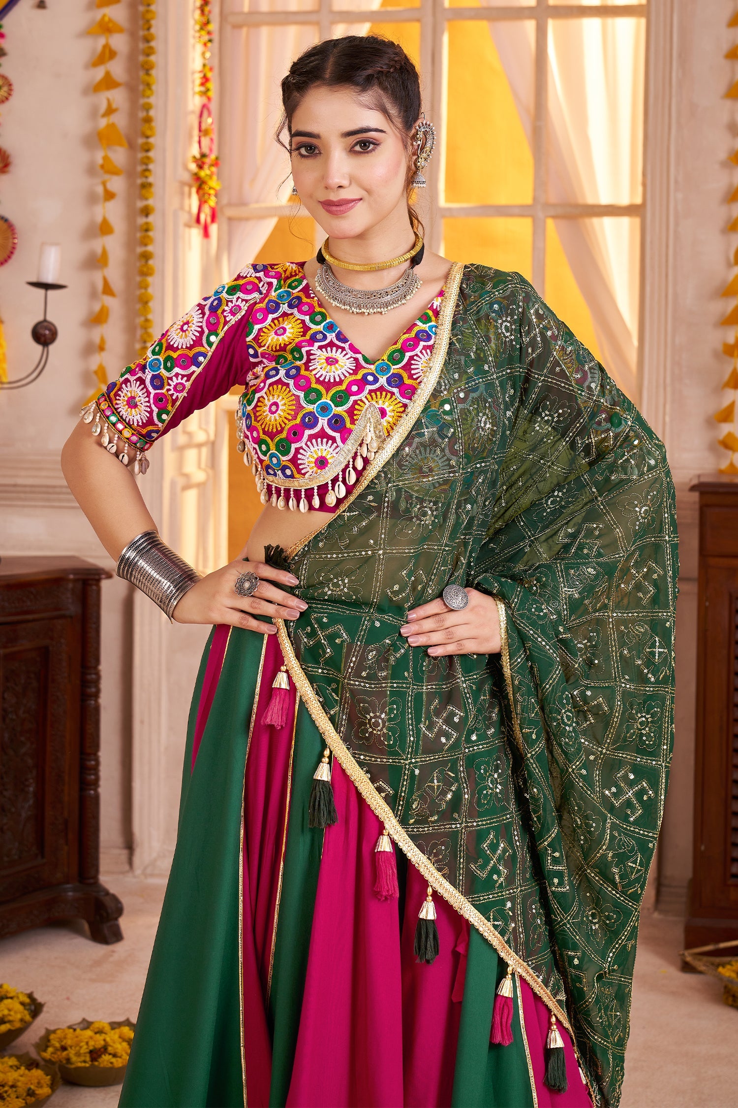 Multi Colored Viscose Cotton Kachchi Mirror Worked Chaniya Choli