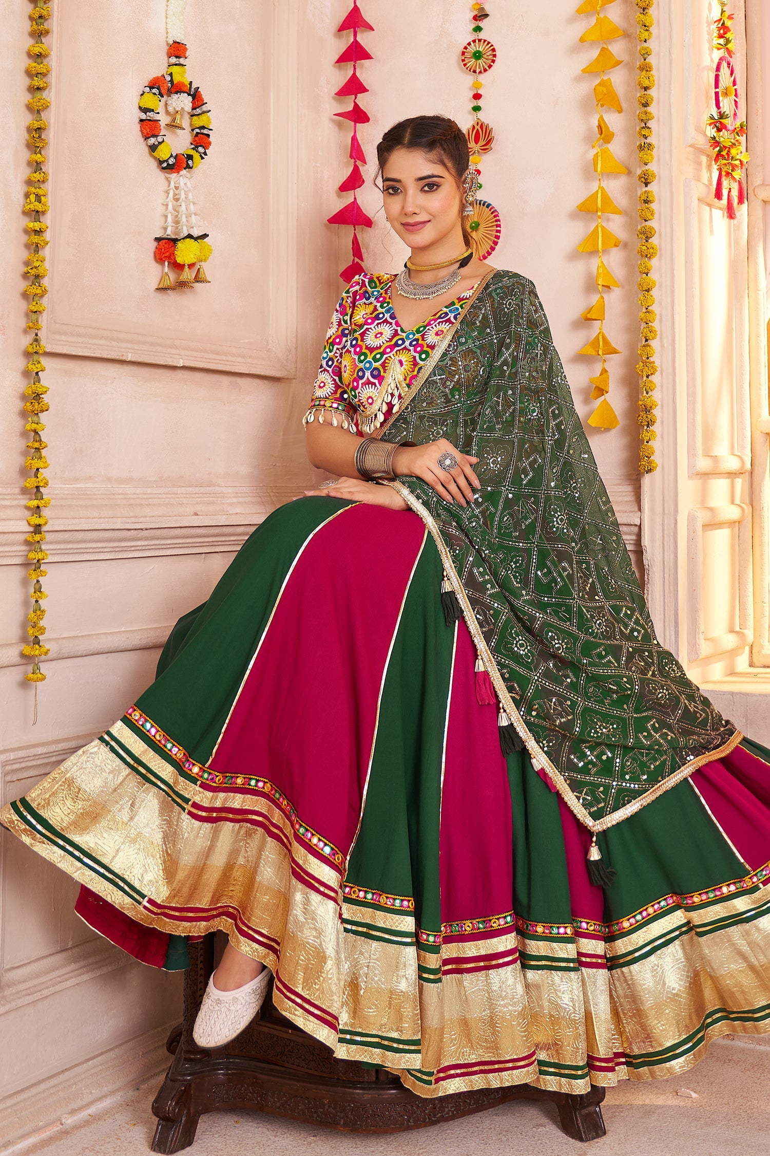 Multi Colored Viscose Cotton Kachchi Mirror Worked Chaniya Choli