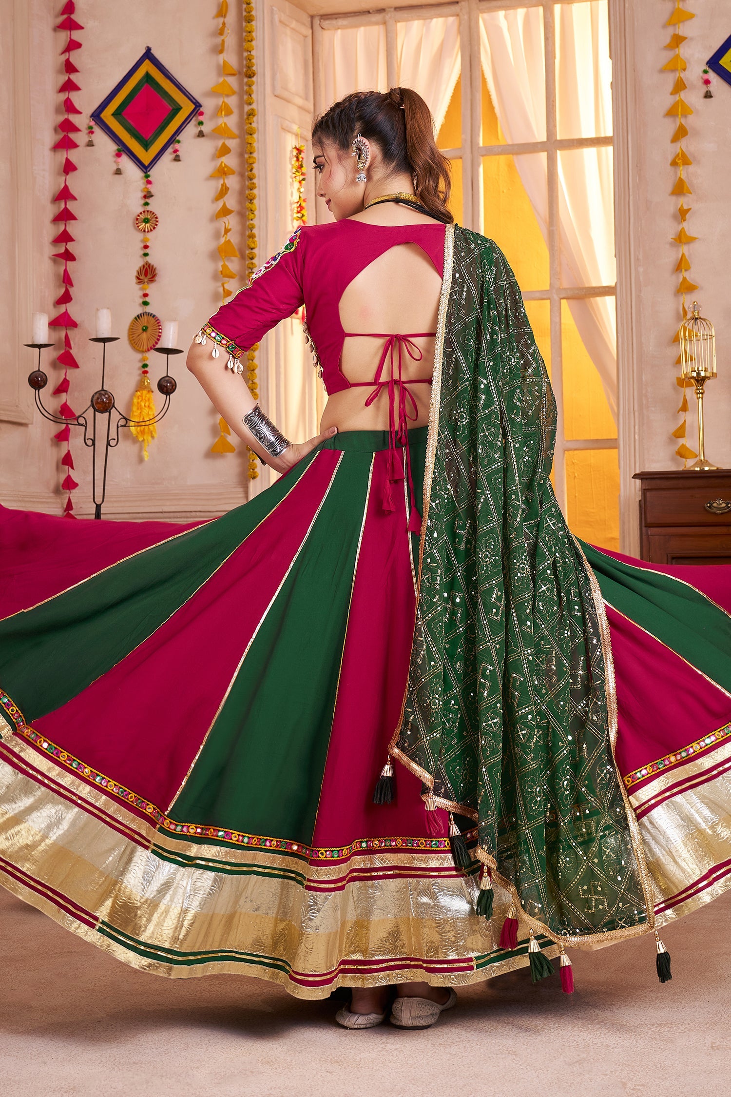 Multi Colored Viscose Cotton Kachchi Mirror Worked Chaniya Choli