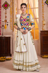 Pearl White Viscose Cotton Kachchi Mirror Worked Chaniya Choli