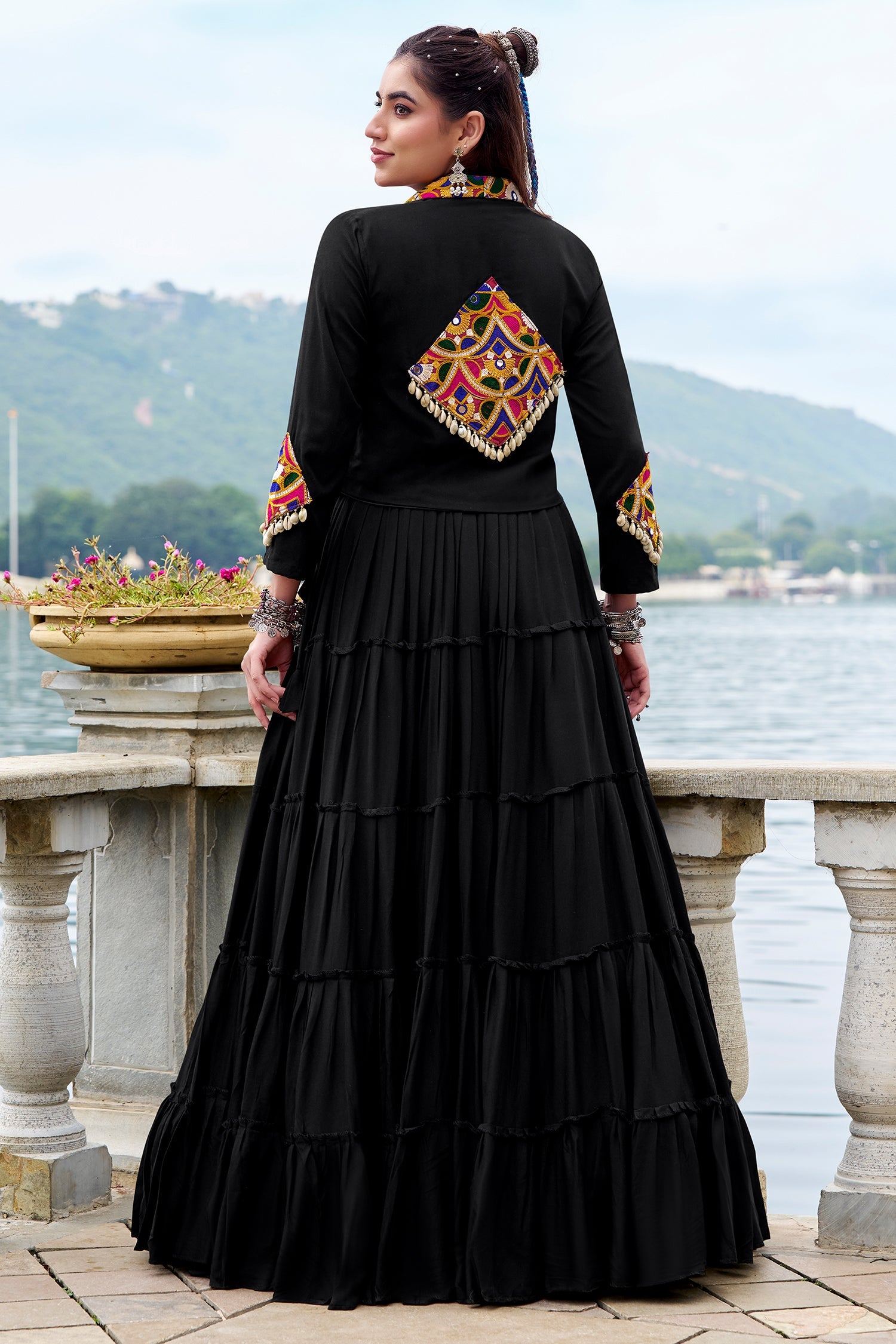 Black Rayon Plain Chaniya Choli with Kachchi Work Jacket