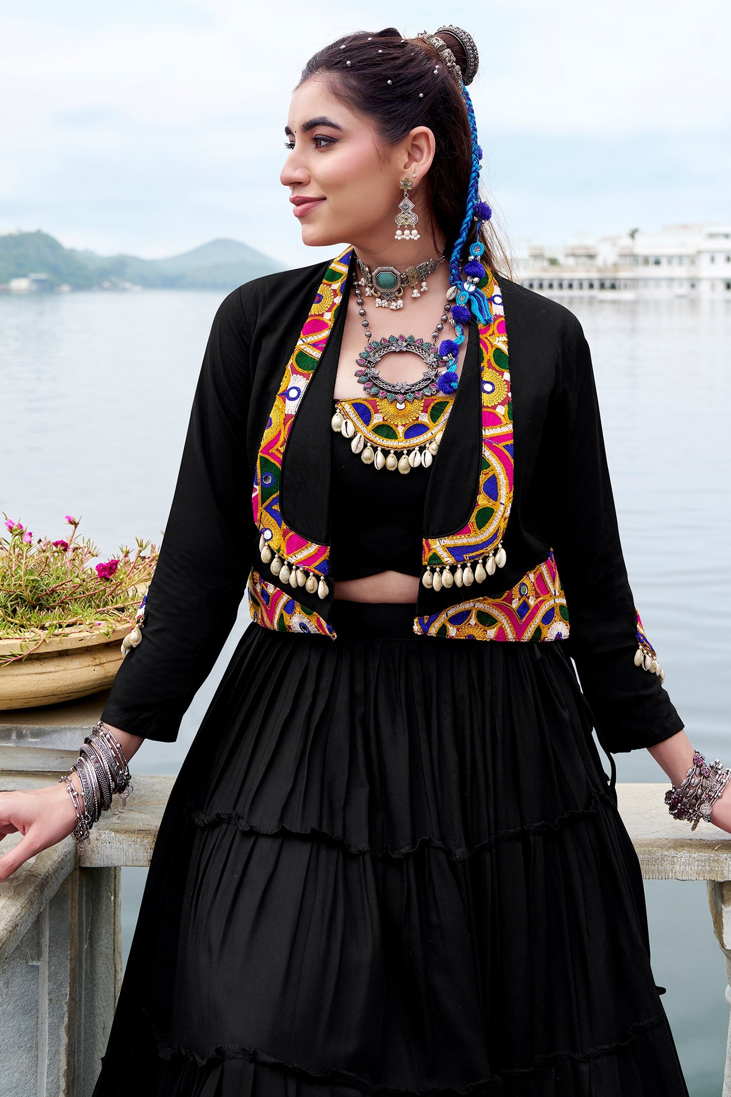 Black Rayon Plain Chaniya Choli with Kachchi Work Jacket