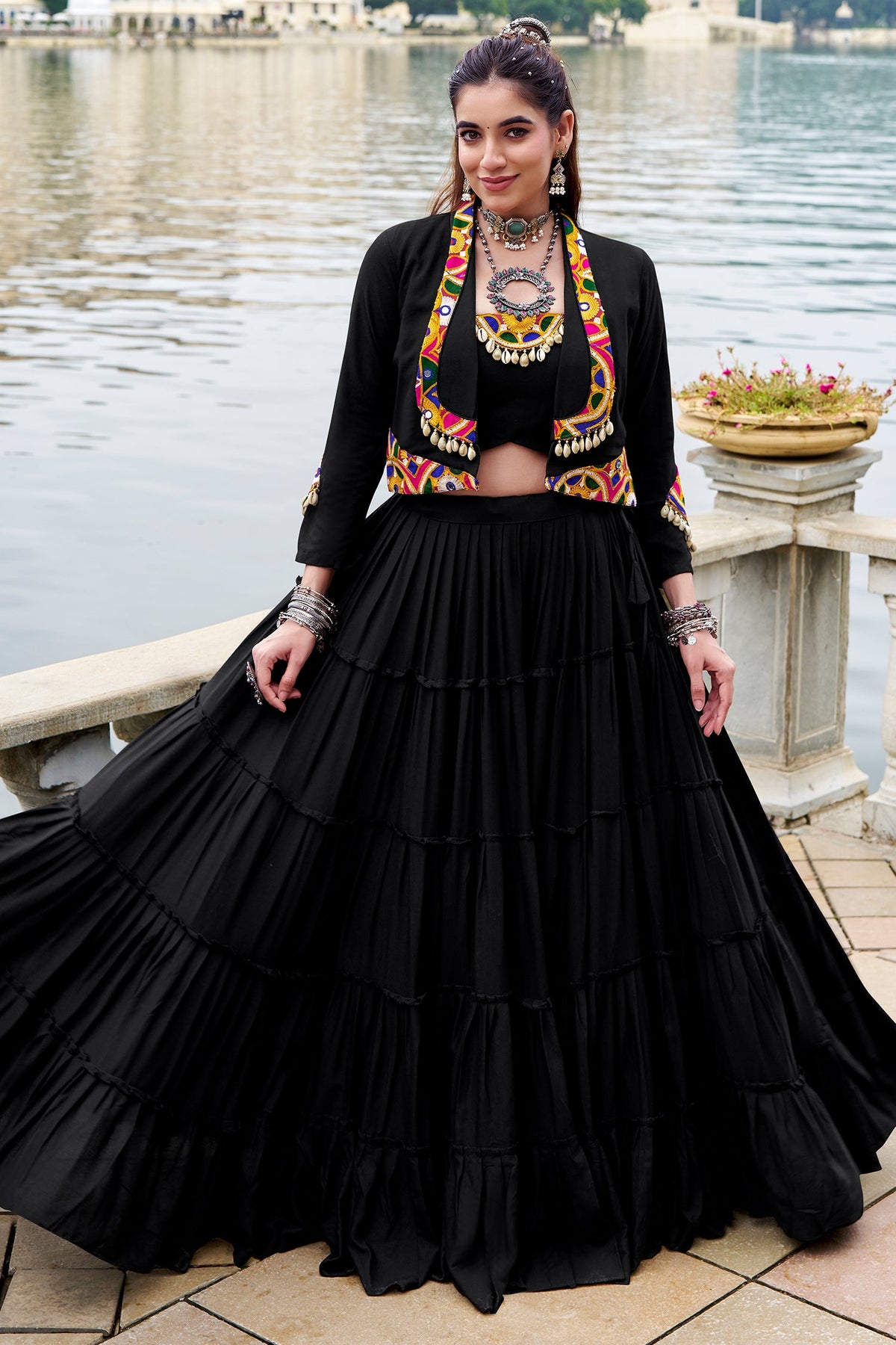 Black Rayon Plain Chaniya Choli with Kachchi Work Jacket