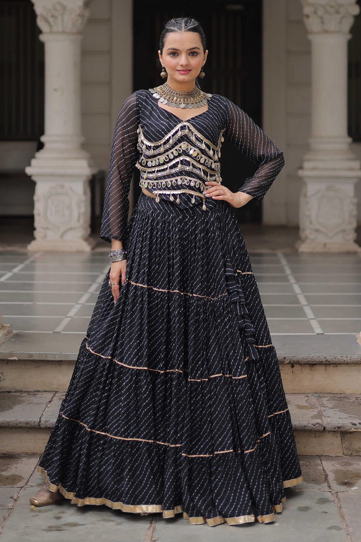Black Flared Georgette Chaniya Choli with Leheriya Print Work
