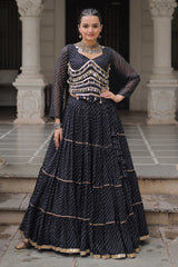 Black Flared Georgette Chaniya Choli with Leheriya Print Work