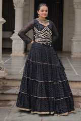 Black Flared Georgette Chaniya Choli with Leheriya Print Work