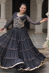 Black Flared Georgette Chaniya Choli with Leheriya Print Work