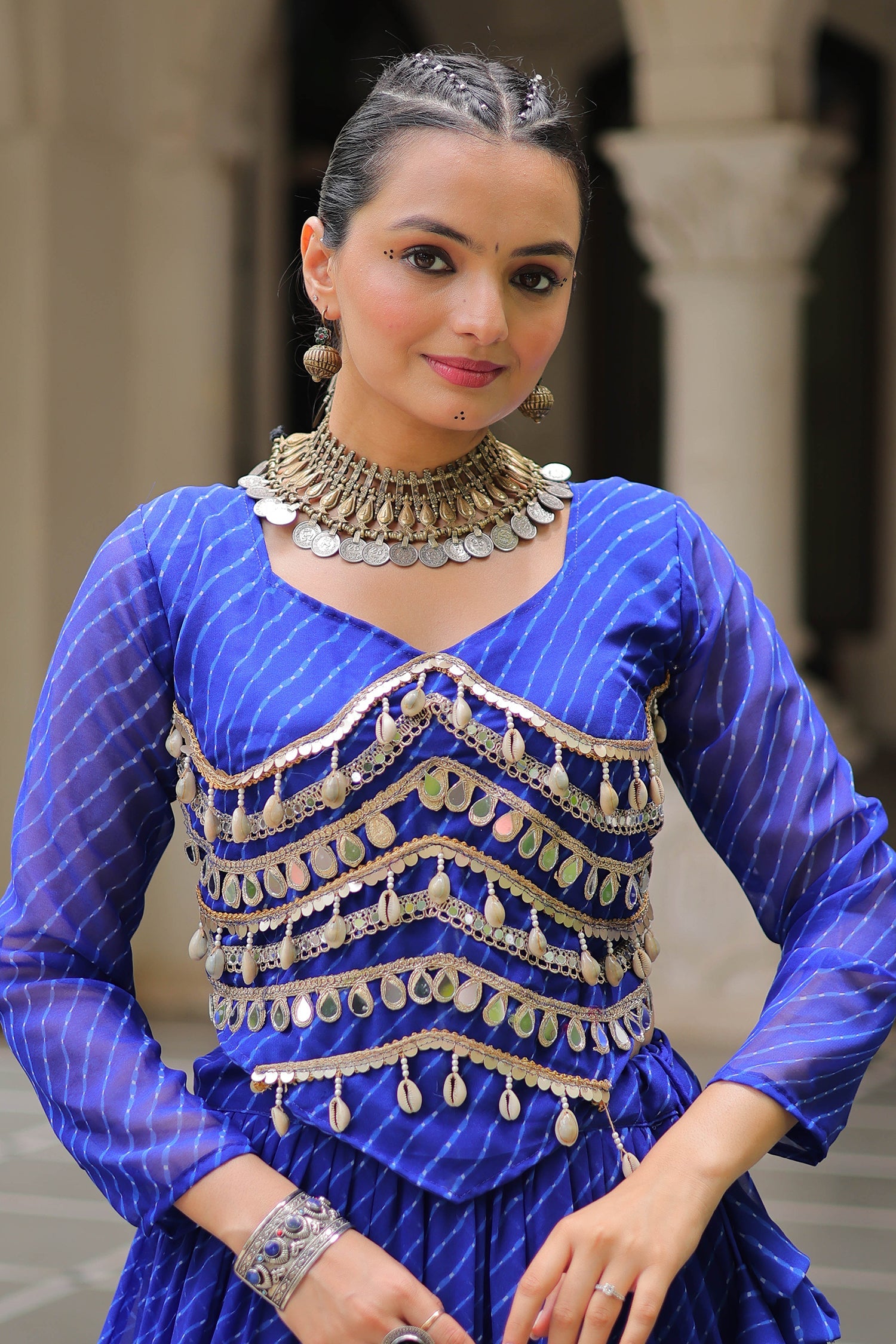 Blue Flared Georgette Chaniya Choli with Leheriya Print Work