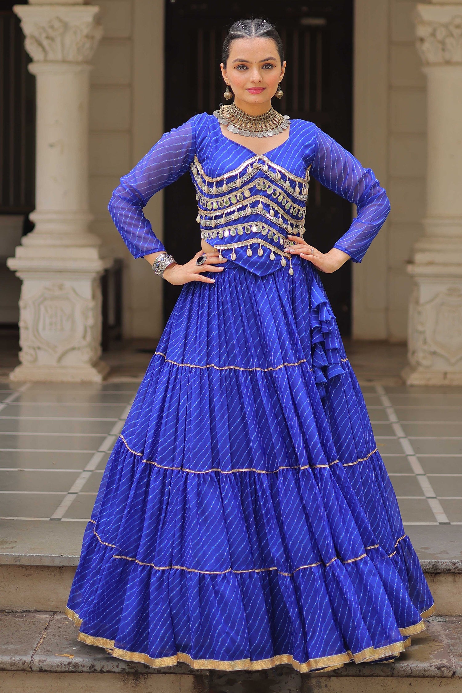 Blue Flared Georgette Chaniya Choli with Leheriya Print Work