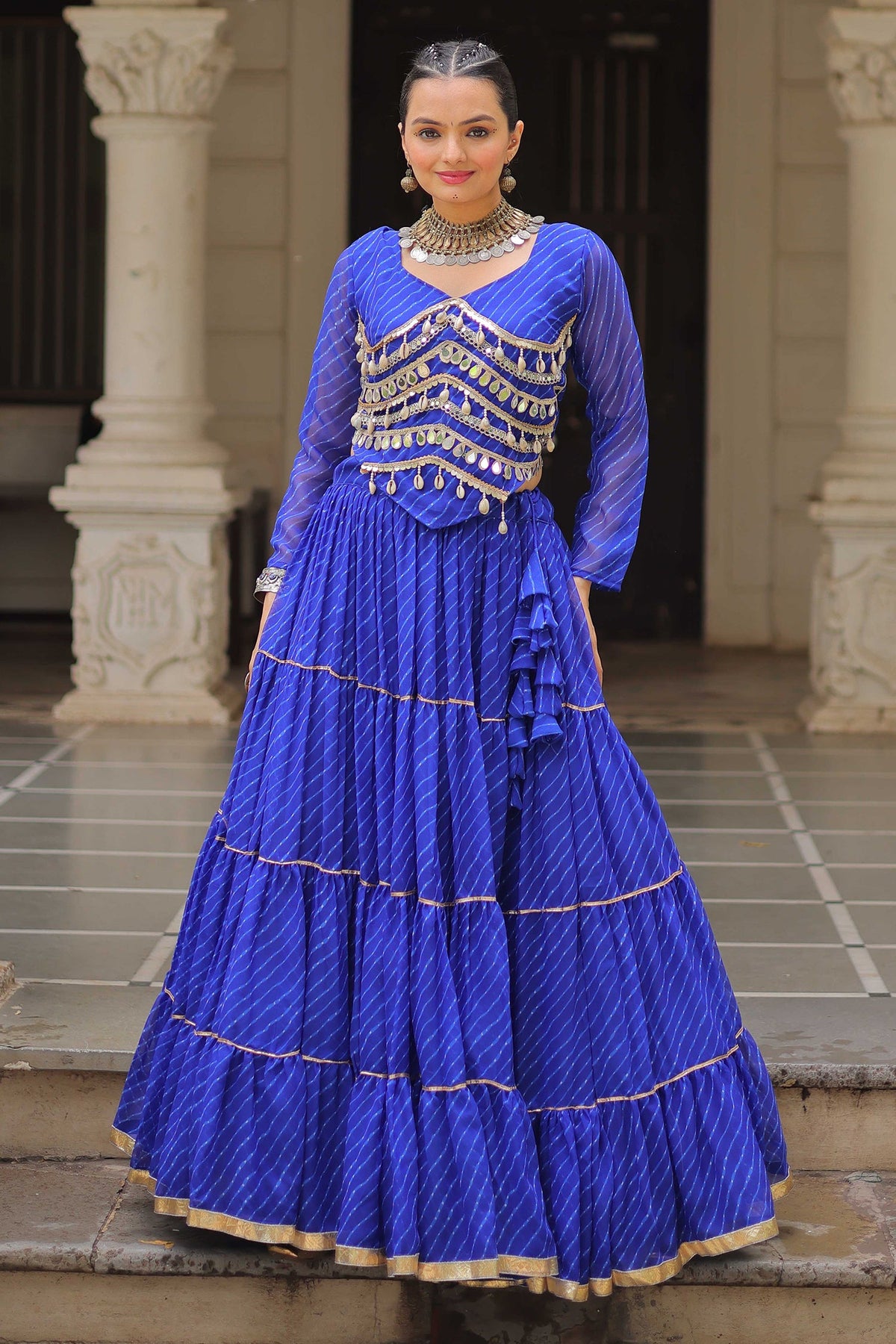 Blue Flared Georgette Chaniya Choli with Leheriya Print Work
