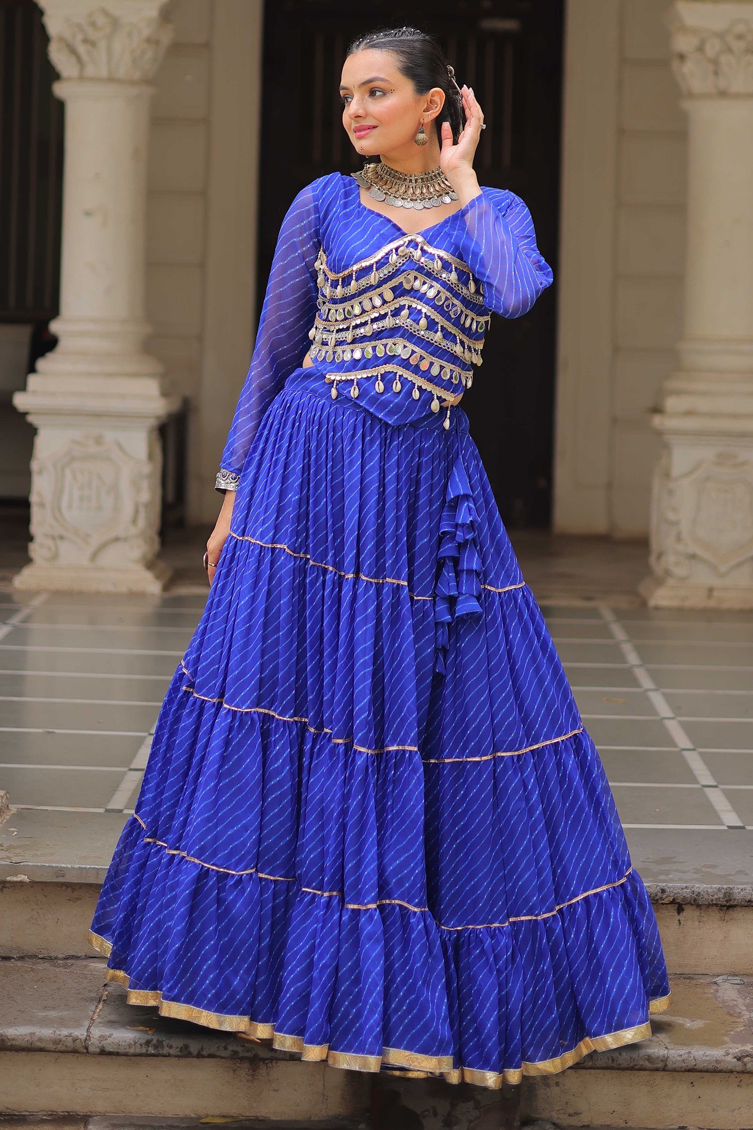 Blue Flared Georgette Chaniya Choli with Leheriya Print Work