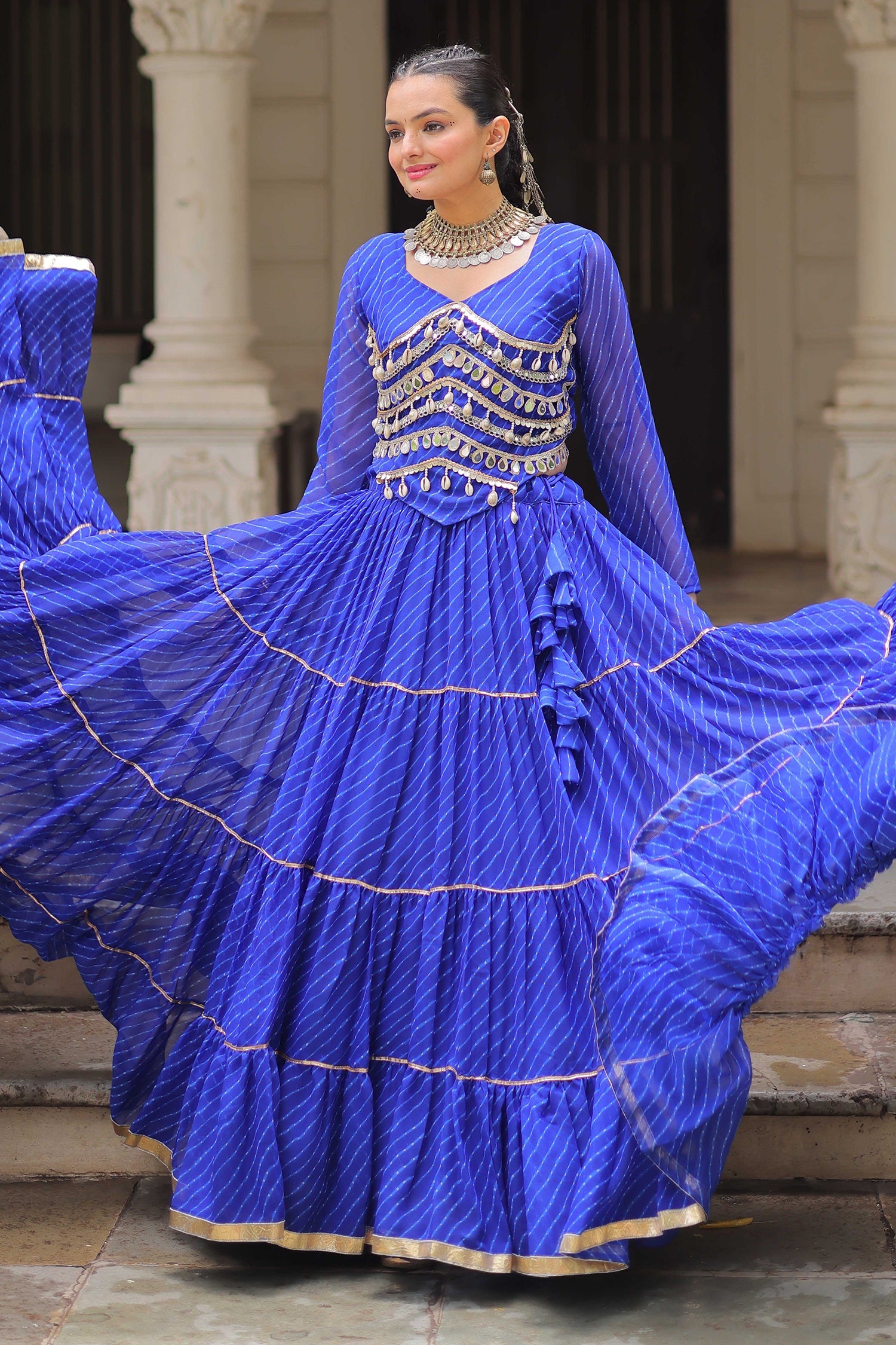 Blue Flared Georgette Chaniya Choli with Leheriya Print Work