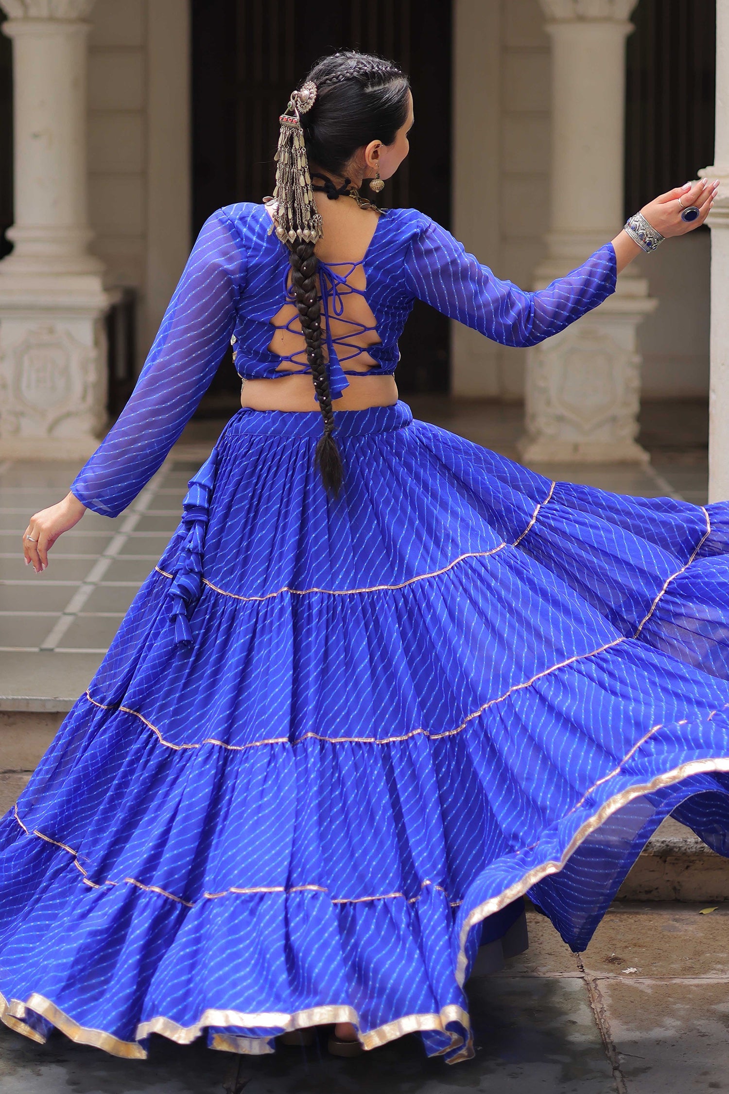 Blue Flared Georgette Chaniya Choli with Leheriya Print Work