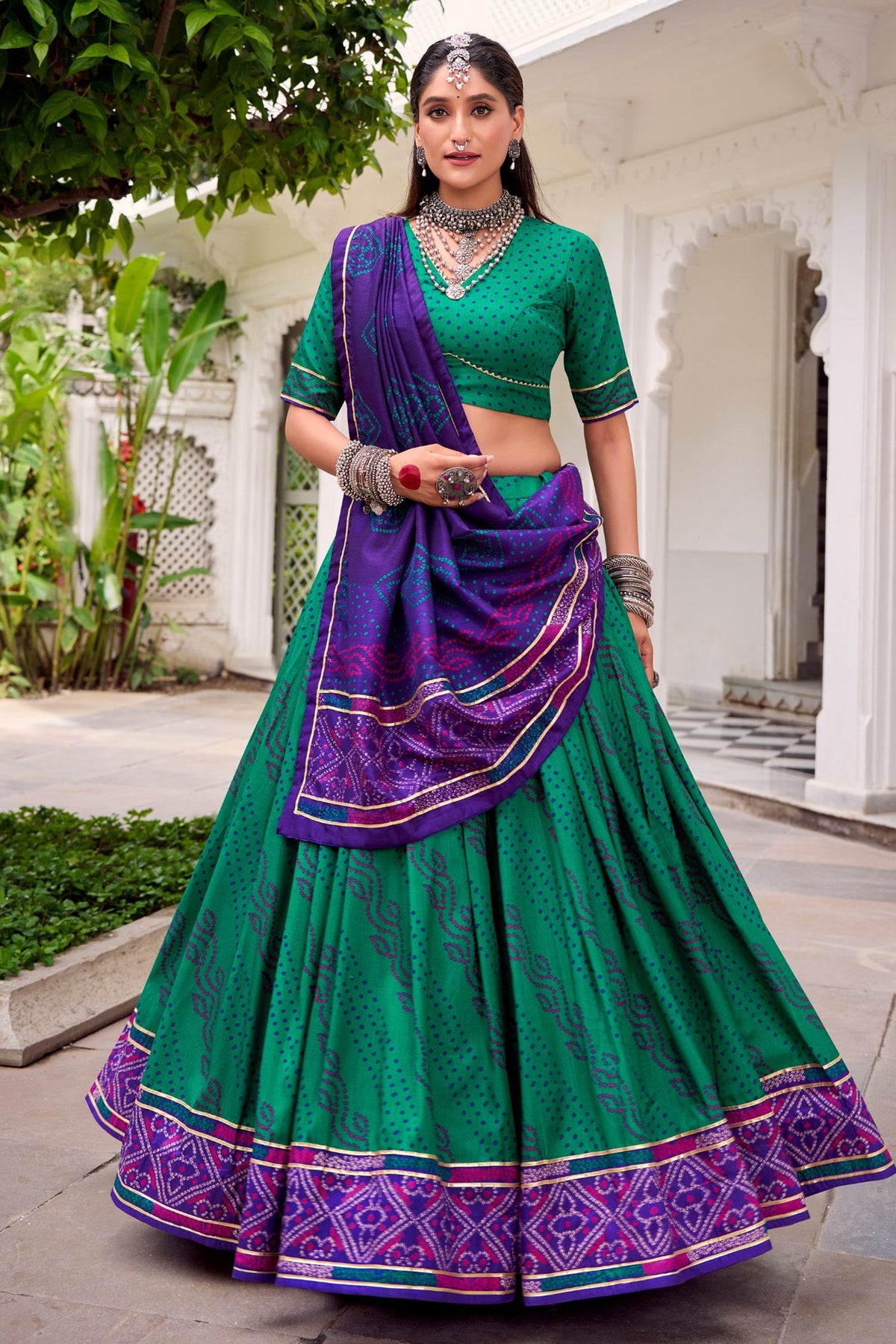 Green Flared Tussar Silk Printed Chaniya Choli