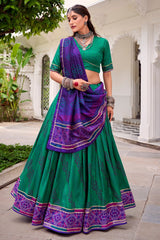 Green Flared Tussar Silk Printed Chaniya Choli