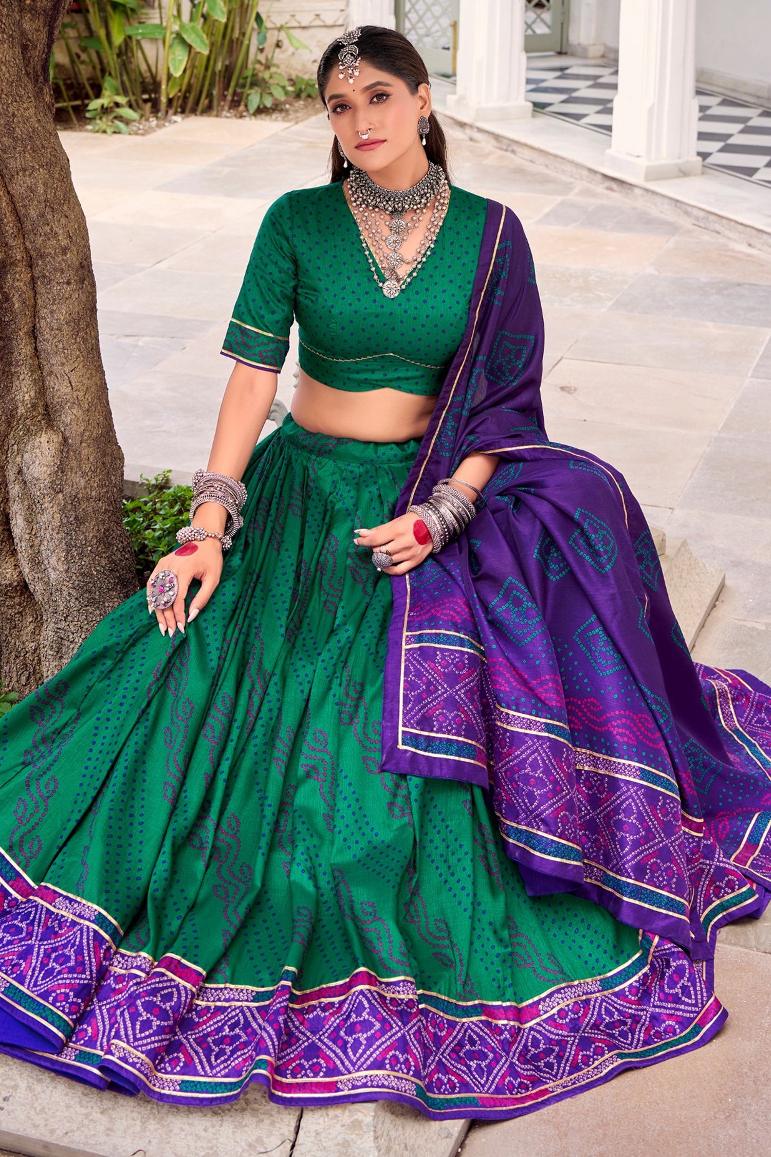 Green Flared Tussar Silk Printed Chaniya Choli