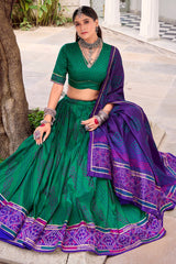 Green Flared Tussar Silk Printed Chaniya Choli