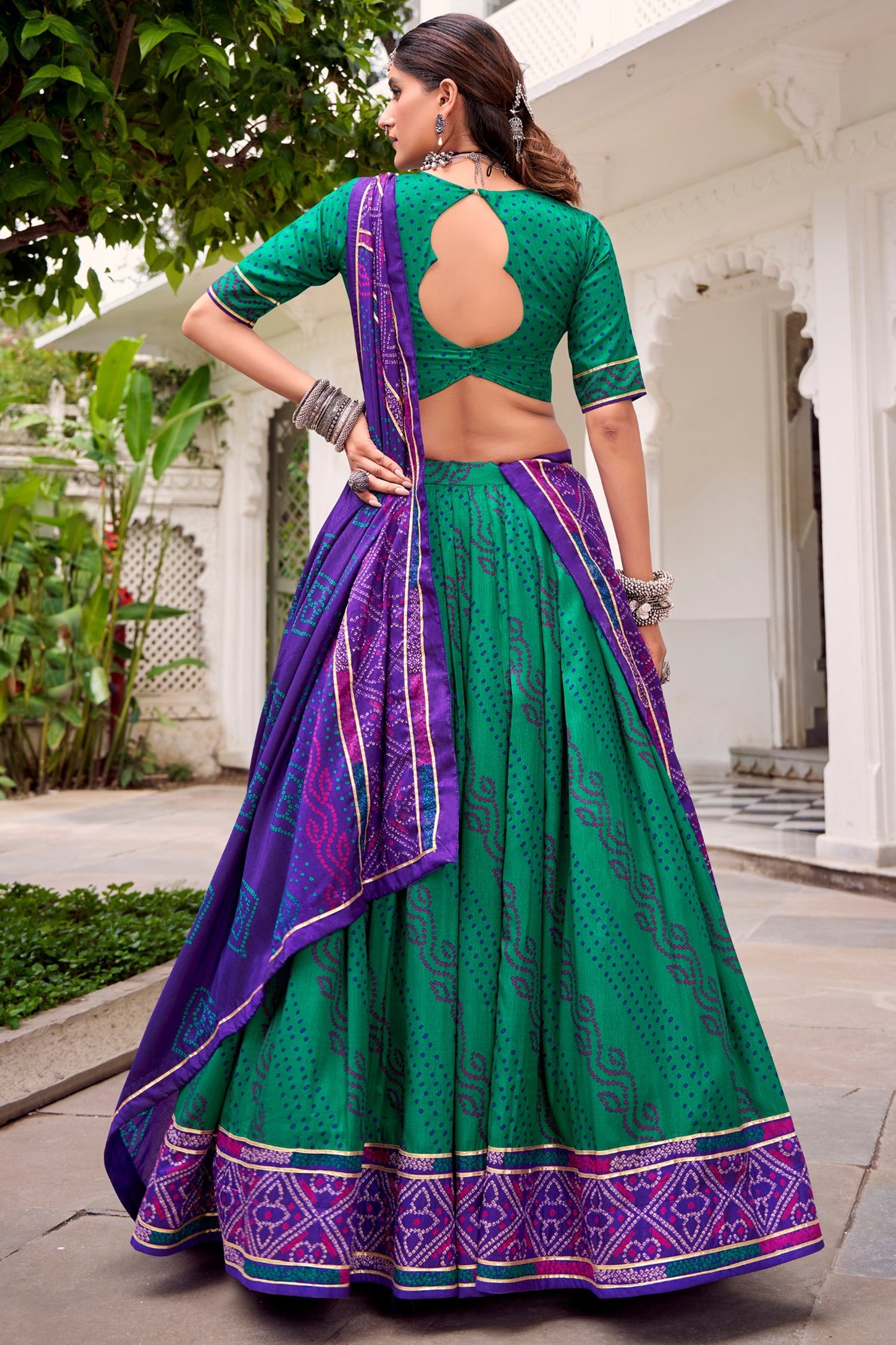 Green Flared Tussar Silk Printed Chaniya Choli