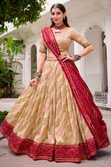Off White Flared Tussar Silk Printed Chaniya Choli