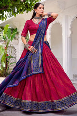 Pink Flared Tussar Silk Printed Chaniya Choli