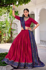 Pink Flared Tussar Silk Printed Chaniya Choli