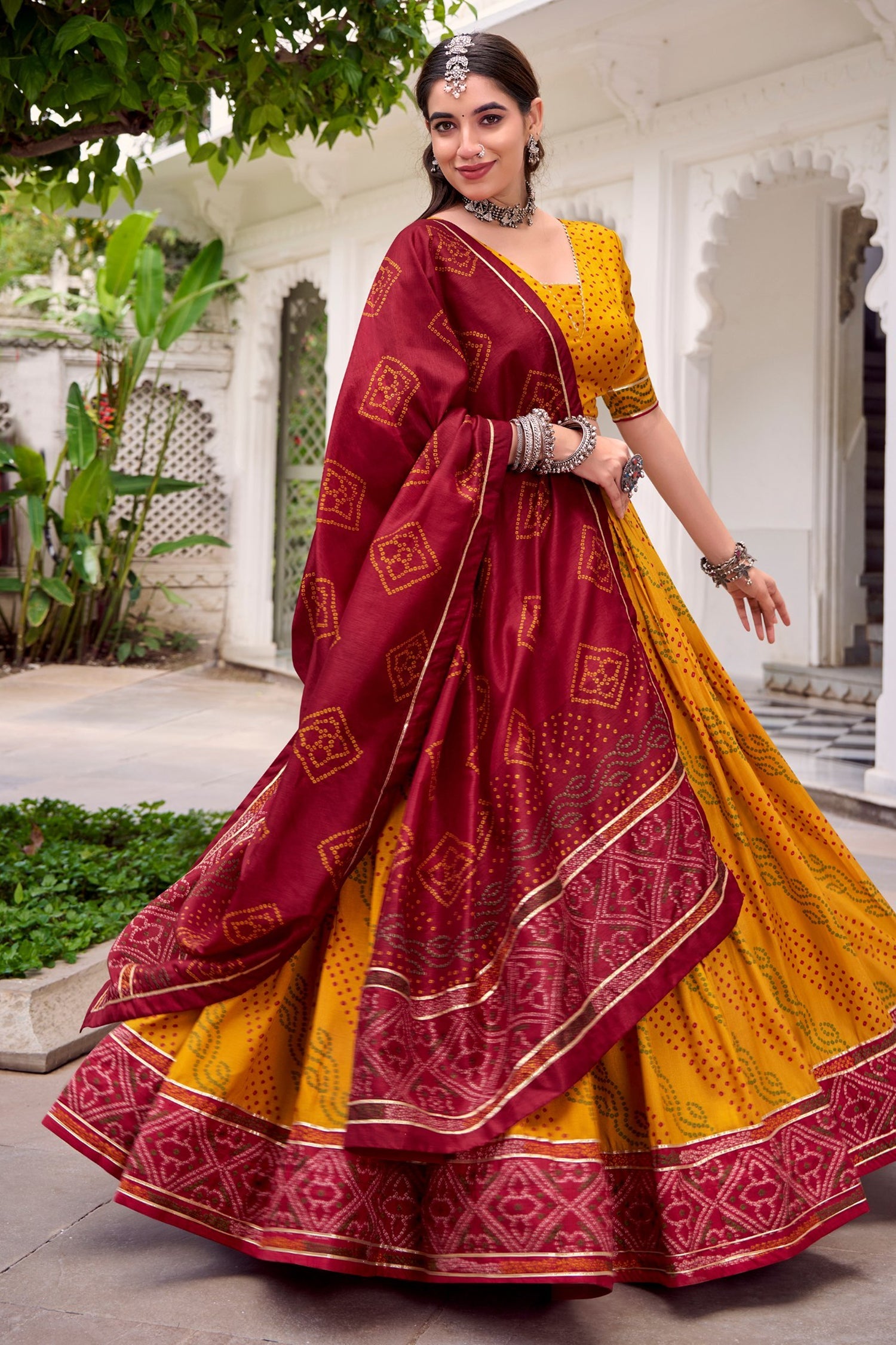 Yellow Flared Tussar Silk Printed Chaniya Choli